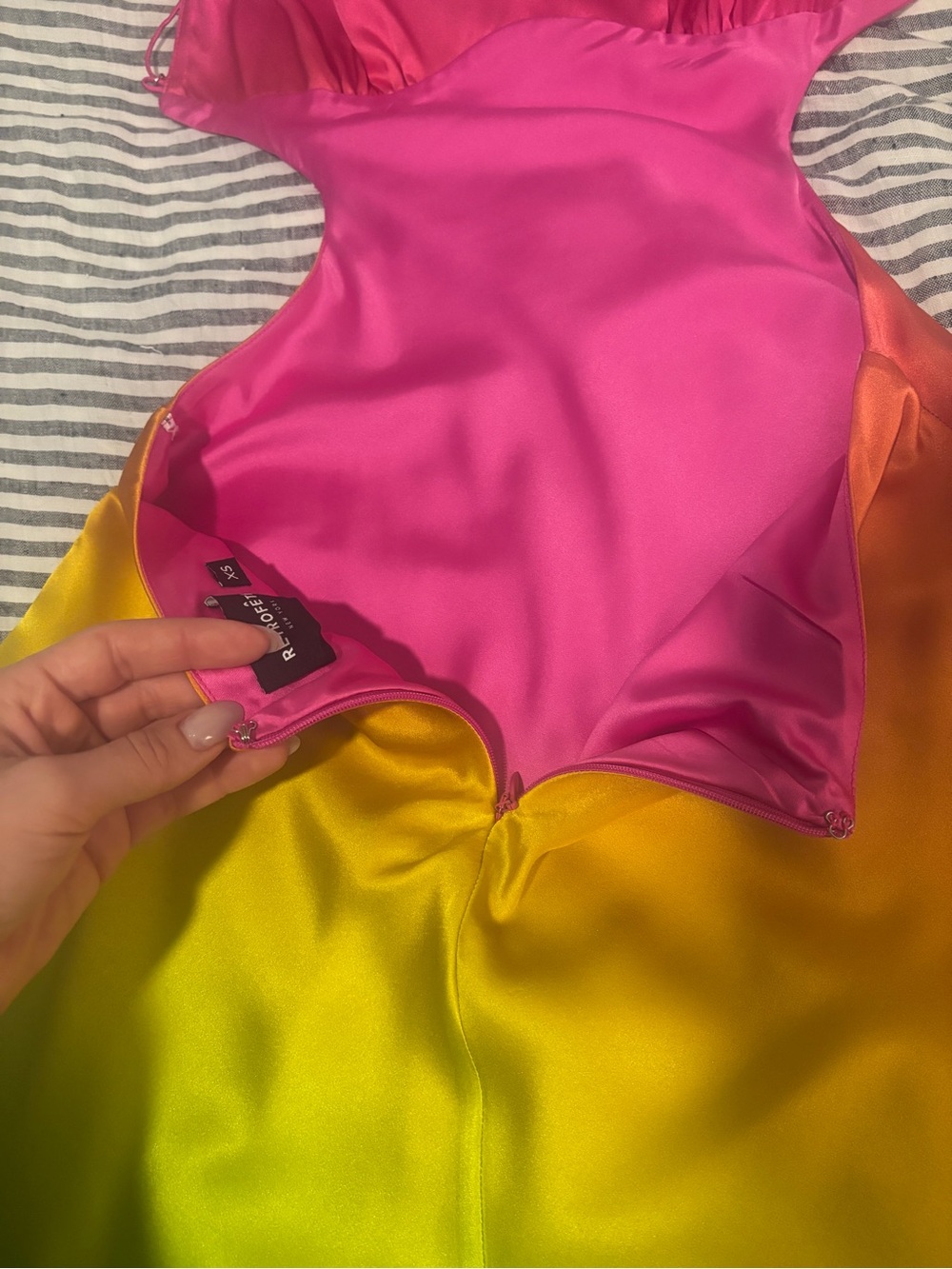 JOSEFINE SILK DRESS Pink Lime Ombre Retrofete silk mini slip dress backless - Picture 13 of 16